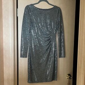 Vince Camuto Allover Silver Shimmer Side Ruched Long Sleeve Cocktail Dress, Sz 4